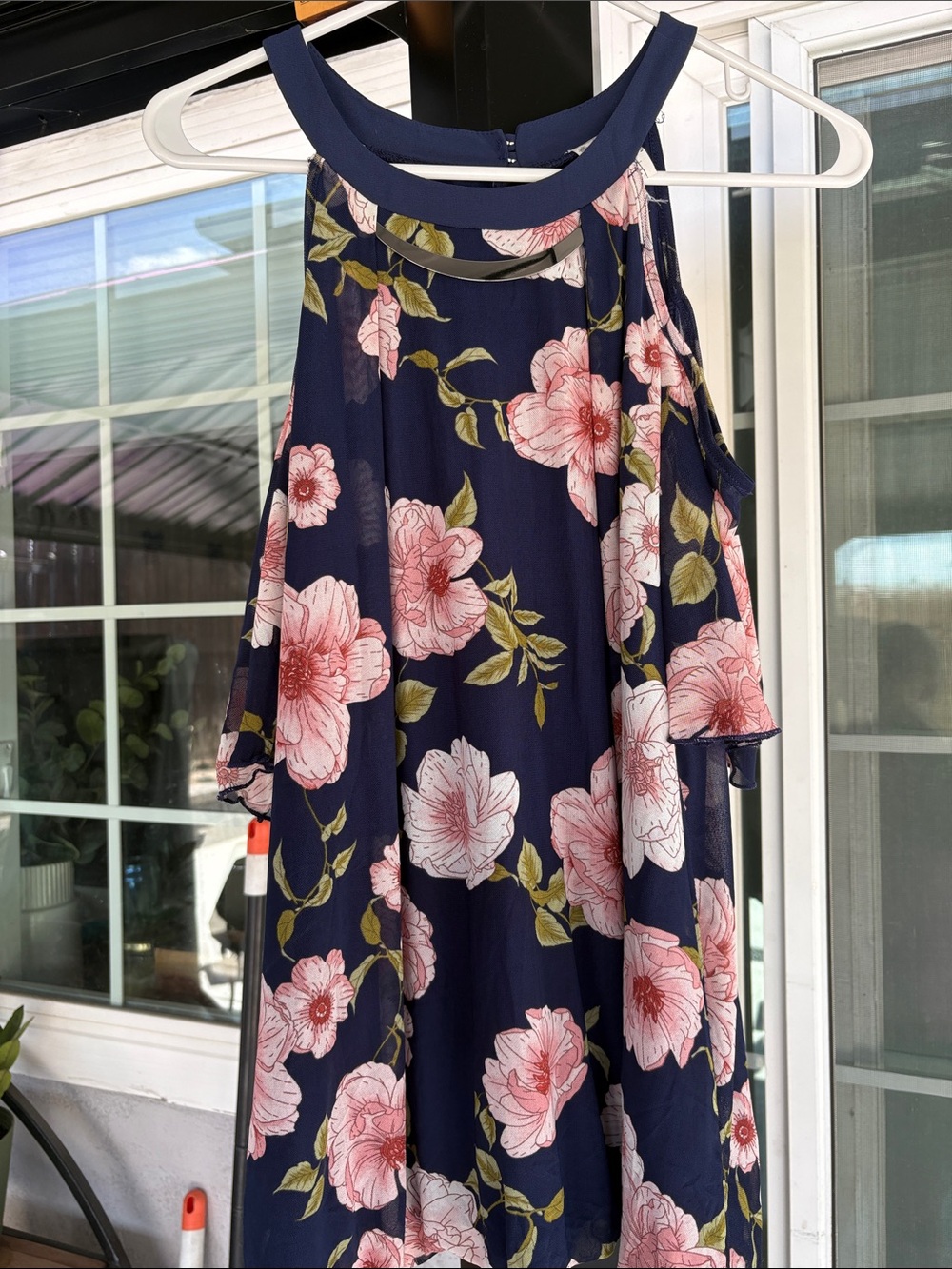 NAIF Navy Floral Cold-Shoulder Blouse with Pink Flowers